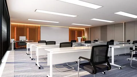 Interior of large modern office training room with large curved monitor screen. Stock Illustration