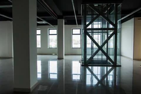 Interior with large windows and columns Stock Photos