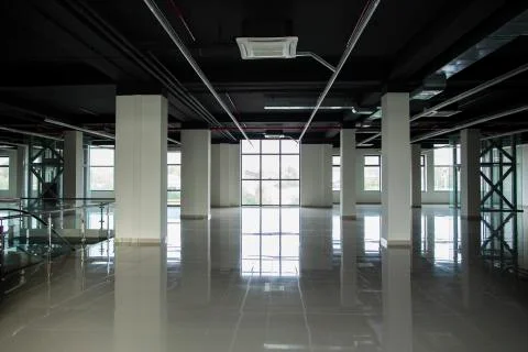 Interior with large windows and columns Stock Photos