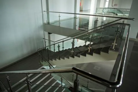Interior with large windows and stairs Stock Photos
