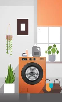 Interior of laundry room with washing machine electric washer home appliance Illustrazione stock