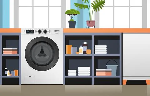 Interior of laundry room with washing machine electric washer home appliance Illustrazione stock