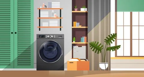 Interior of laundry room with washing machine electric washer home appliance Illustrazione stock
