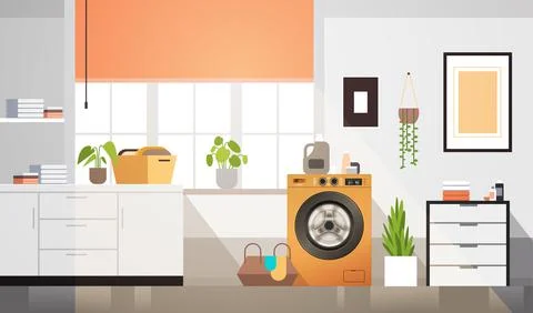 Interior of laundry room with washing machine electric washer home appliance Illustrazione stock