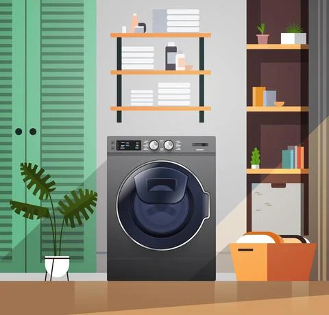 Interior of laundry room with washing machine electric washer home appliance Illustrazione stock