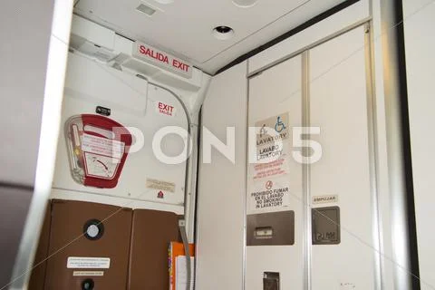 Interior of lavatory onboard , a airplane toilets Stock Photos