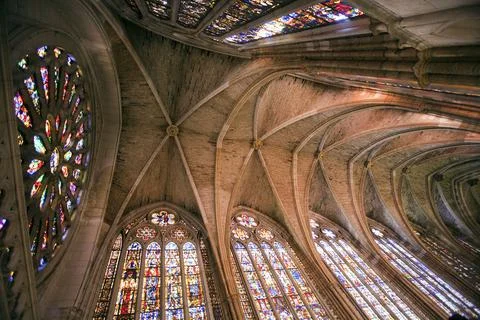 Interior of Len Cathedrals Stunning Gothic Nave, Spain Stock Photos