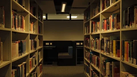 Interior of the library passages with shelves full of books n the lightroom. Stock Footage 120483544