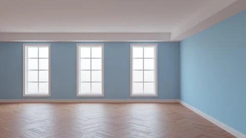 Interior with Light Blue Wall, White Ceiling and Conrnice, Three Large Windows Stock Illustration