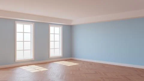 Interior with Light Blue Walls, Two Windows, White Ceiling and Cornice Stock Illustration