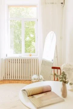 Interior of light living room with sofas, rattan table and soft carpet Stock Photos
