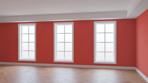 Interior with Light Red Walls, Three Large Windows, Light Glossy Parquet Stock Illustration