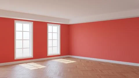 Interior with Light Red Walls, Two Windows, White Ceiling and Cornice Stock Illustration