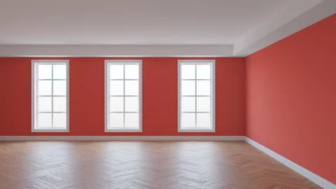 Interior with Light Red Walls, White Ceiling and Conrnice, Three Large Windows Stock Illustration