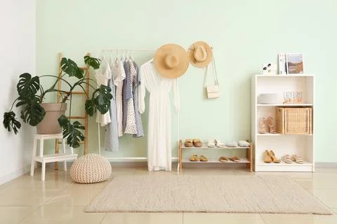 Interior of light room with rack of stylish clothes, houseplant and shelf with s Foto stock