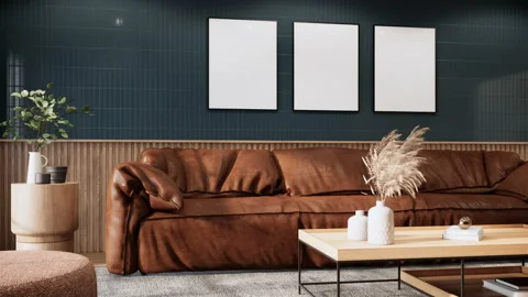 Interior of living room. 3d rendering shot close up leather brown sofa. Stock Footage 237505570