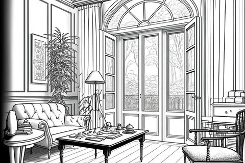 Interior of a living room. Adult coloring book. the area inside the room. Icon Stock Illustration