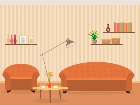 Interior of living room design in flat style with furniture, armchair, sofa,  Stock Illustration