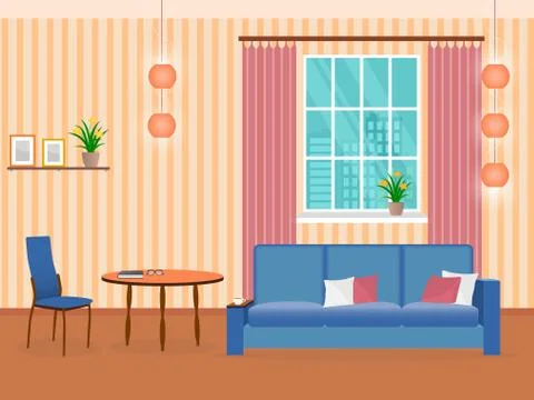 Interior of living room design in flat style with furniture, sofa, table, boo Stock Illustration