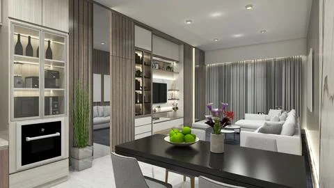Interior Living Room with Dining Table Design Stock Illustration
