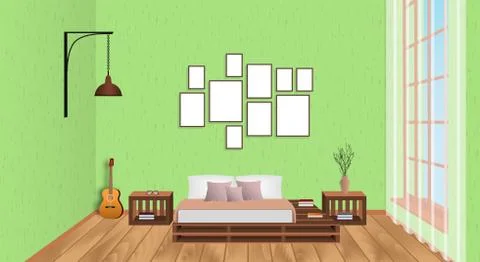 Interior of living room with empty frames, guitar, wood flooring and window.  Illustrazione stock
