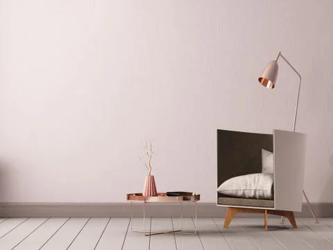 Interior living room with empty walls, chair and lamp. 3d rendering, Illustrazione stock