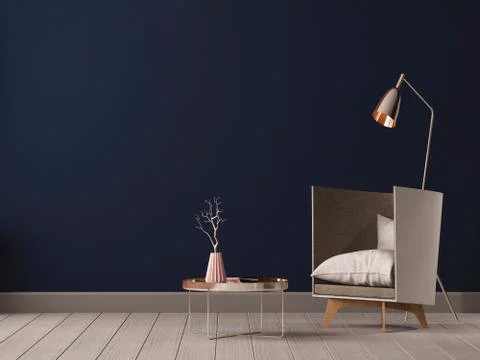 Interior living room with empty walls, chair and lamp. 3d rendering Stock Illustration