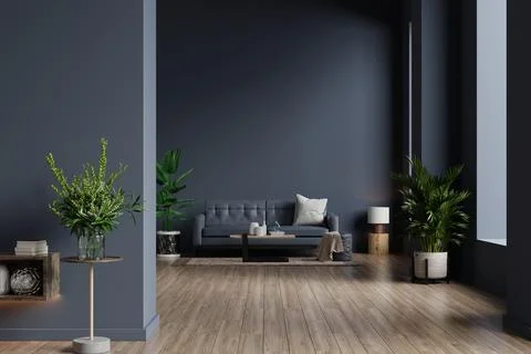 Interior of living room with sofa on empty dark blue wall background. Stock Illustration