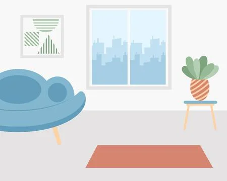 Interior. Living room with window, sofa, table, picture and indoorplant Illustrazione stock