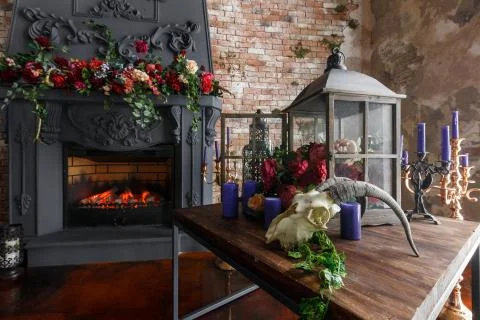 Interior loft with fireplace in modern design Stock Photos