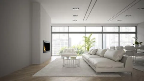 Interior of the loft with modern fireplace 3D rendering Stock Illustration
