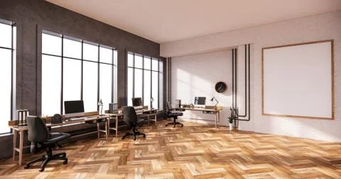 The interior loft style, Computer and office tools on desk in room concrete a Stock Illustration