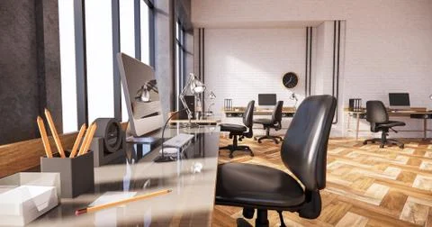 The interior loft style, Computer and office tools on desk in room concrete a Stock Illustration