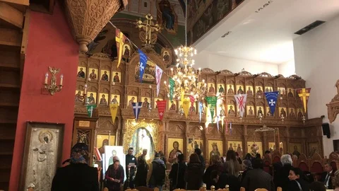 Interior look with pilgrims inside of Phaneromeny Church in Larnaca Stock Footage 89564267
