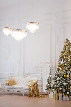 Interior of luxury interior with fireplace, comfortable sofa and chandelier Stock Photos