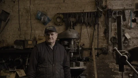 Interior Machine Shop Portrait of Older Worker Stock Footage 89955225