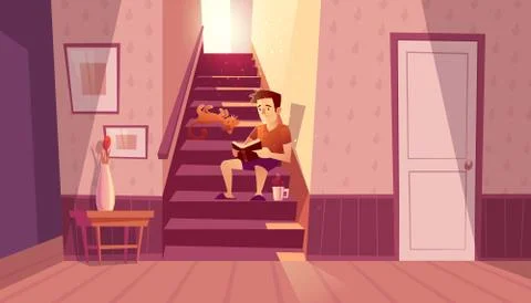 Interior with man, cat on stairs Stock-Illustration