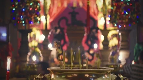 Interior of Man Mo Temple in Hong Kong with incense offerings Stock Footage 72331830