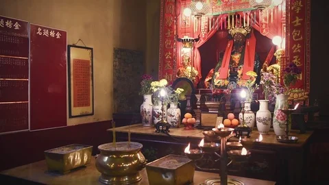 Interior of Man Mo Temple in Hong Kong with incense offerings Stock Footage 72331881