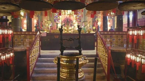 Interior of Man Mo Temple in Hong Kong with incense offerings Stock Footage 72331886