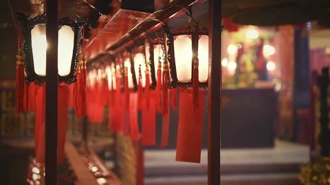 Interior of Man Mo Temple in Hong Kong with incense offerings Stock Footage 72331889