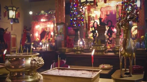 Interior of Man Mo Temple in Hong Kong with incense offerings Stock Footage 72331994