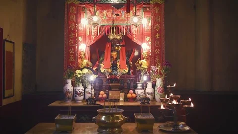 Interior of Man Mo Temple in Hong Kong with incense offerings Stock Footage 72332246