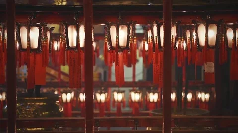 Interior of Man Mo Temple in Hong Kong with incense offerings Stock Footage 72332263