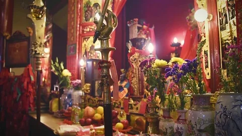 Interior of Man Mo Temple in Hong Kong with incense offerings Stock Footage 72332266