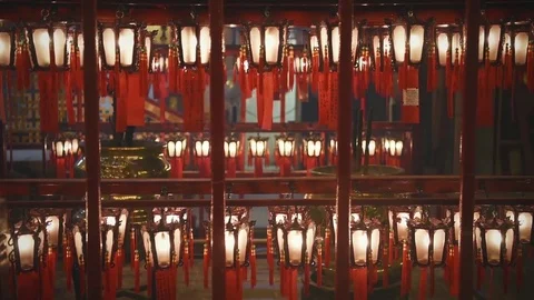 Interior of Man Mo Temple in Hong Kong with incense offerings Stock Footage 72332292