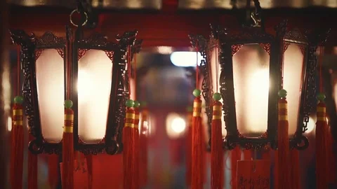 Interior of Man Mo Temple in Hong Kong with incense offerings Stock Footage 72332340