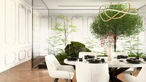 Interior with marble dining table and forest 3d render Stock Illustration