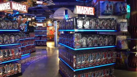 Interior of Marvel toys department in Hamleys store. Marvel Comics Group is a Stock Footage 88679953