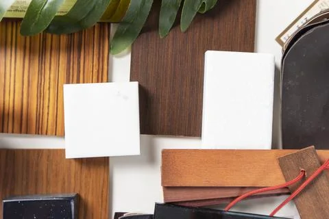 Interior materials include laminated planks, real wood, white stone materia.. Stock Photos